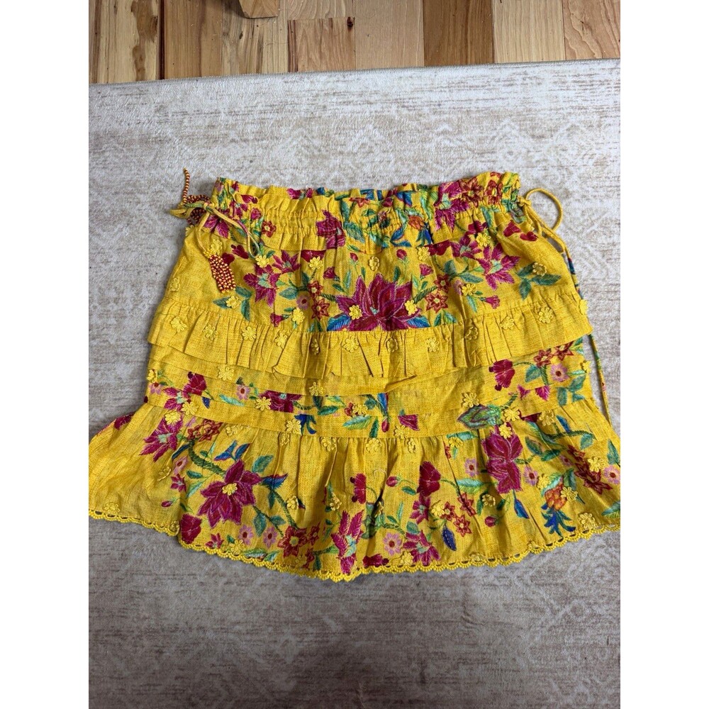 FARM Rio Women’s Yellow Floral Mini Skirt Embroidered Beaded Drawstring Size S
